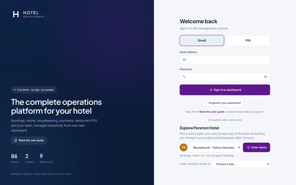 HMS sign-in screen with email and PIN sign-in, and a demo role picker that opens a private copy of the hotel