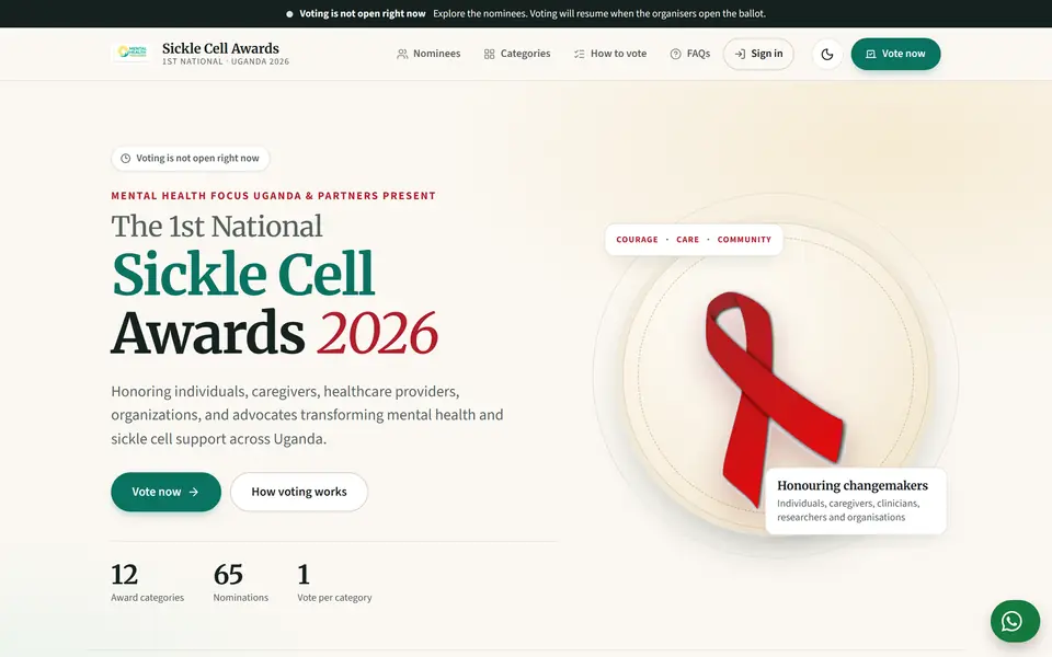 Sickle Cell Awards 2026 home page with Vote now and How voting works buttons and the count of award categories and nominations