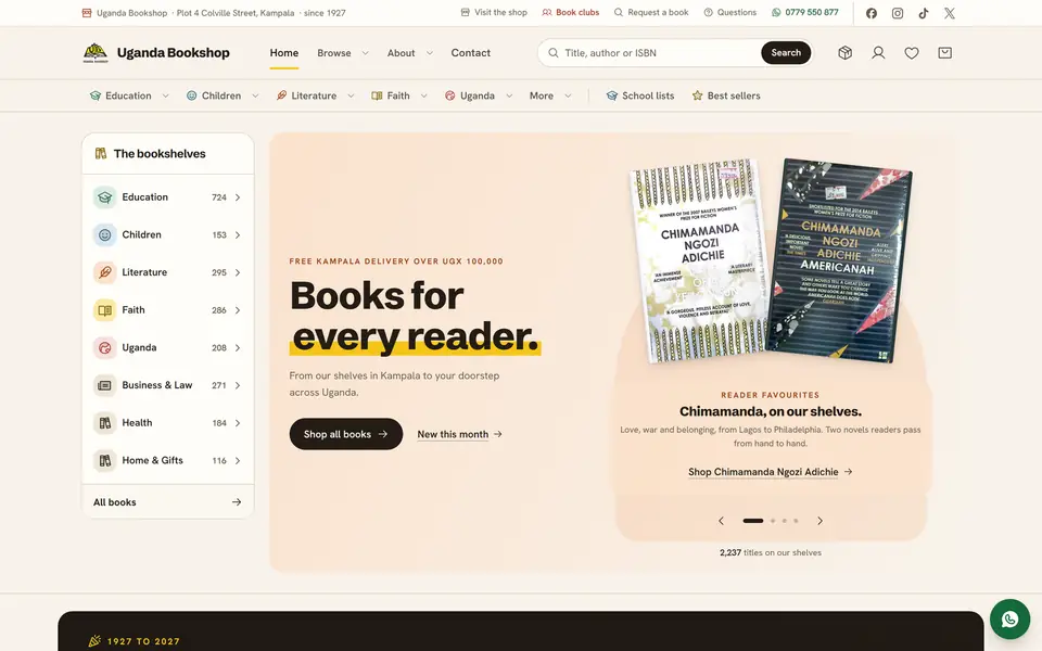 Uganda Bookshop home page with bookshelf categories, a title, author or ISBN search and a featured shelf of novels